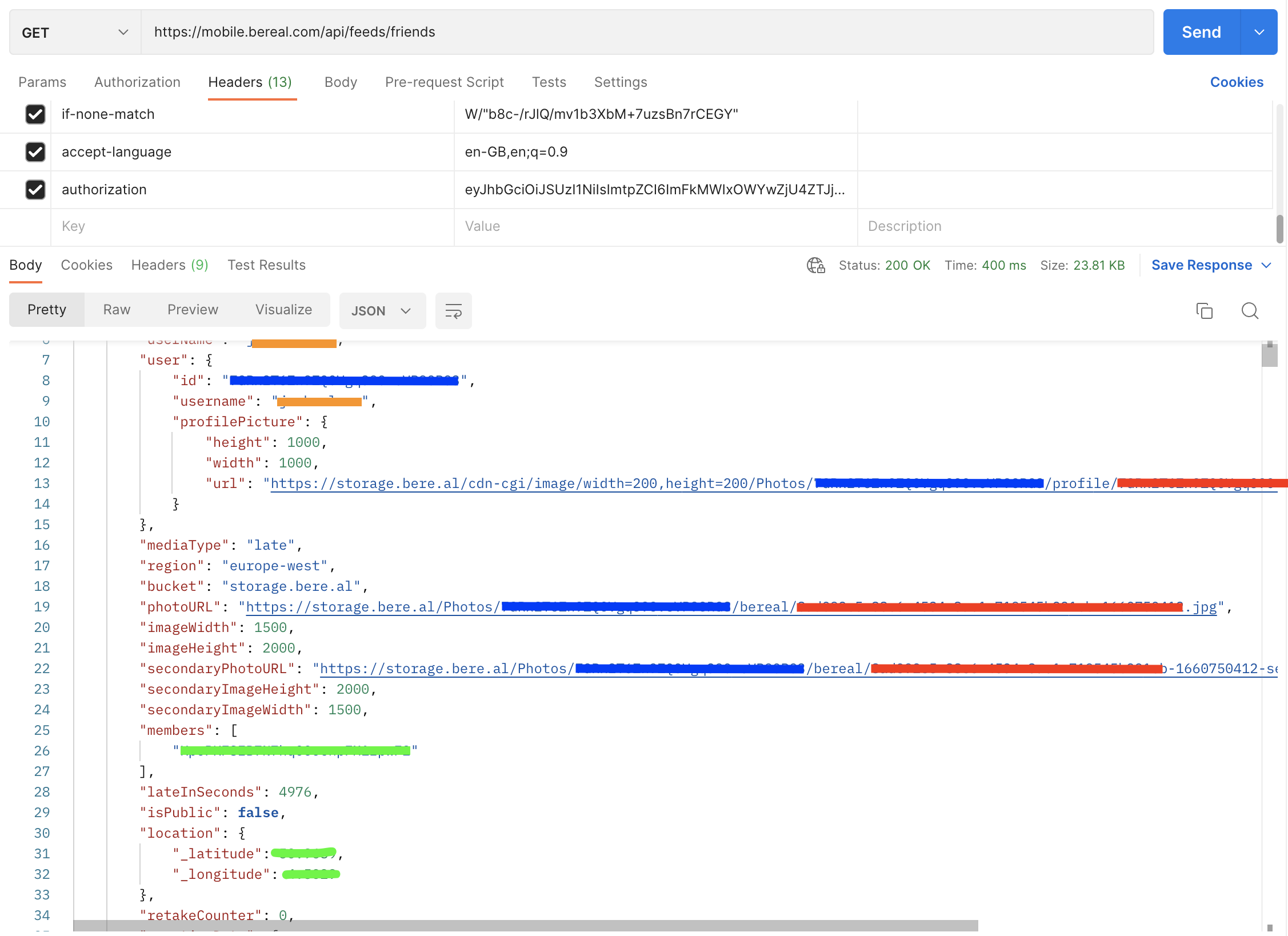 Interceptando os pedidos da API de Bereal