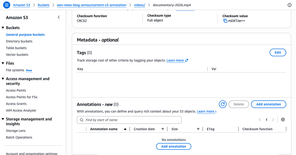 Anotações do Amazon S3: anexe contexto rico e consultável diretamente aos seus objetos