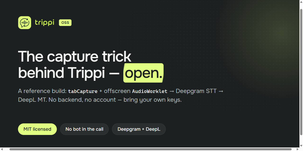 Trippi – legendas traduzidas ao vivo para Google Meet, Zoom, Teams (código aberto)