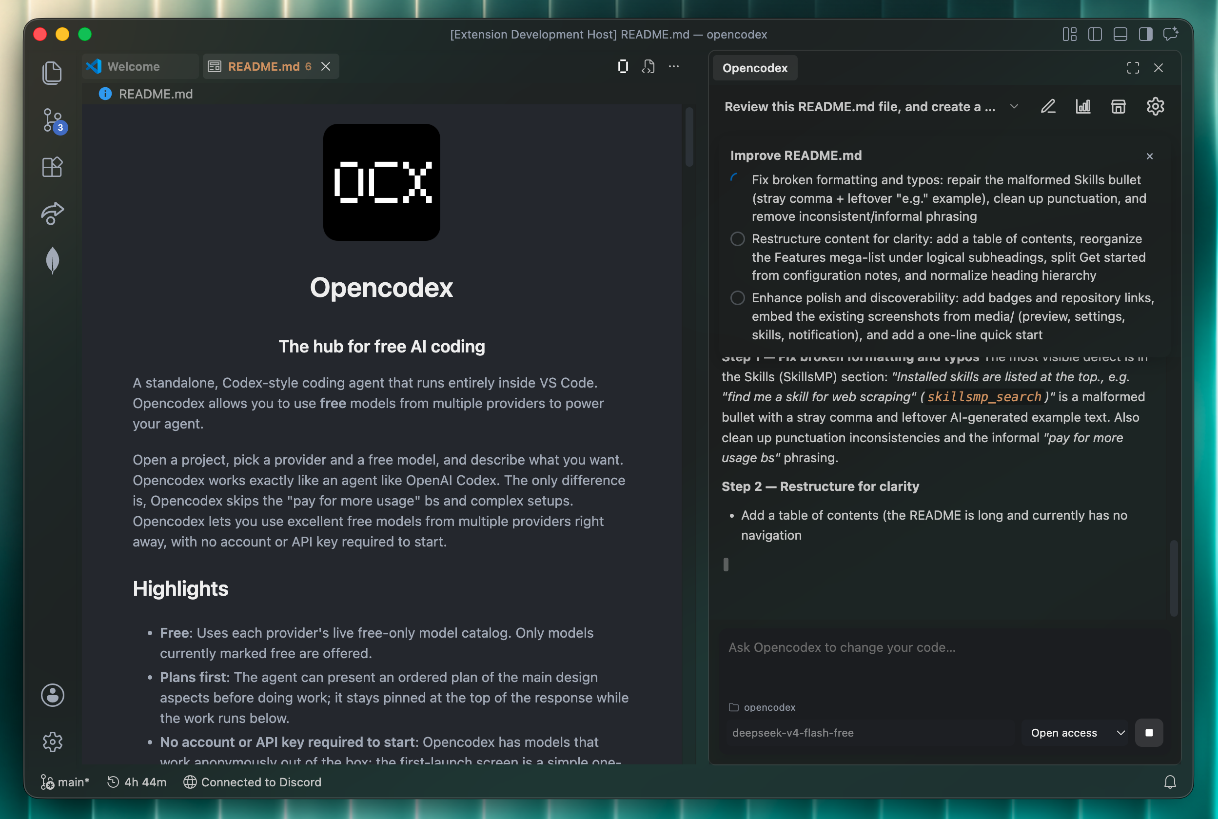 Mostrar HN: Opencodex, um agente de codificação de código aberto gratuito para VSCode